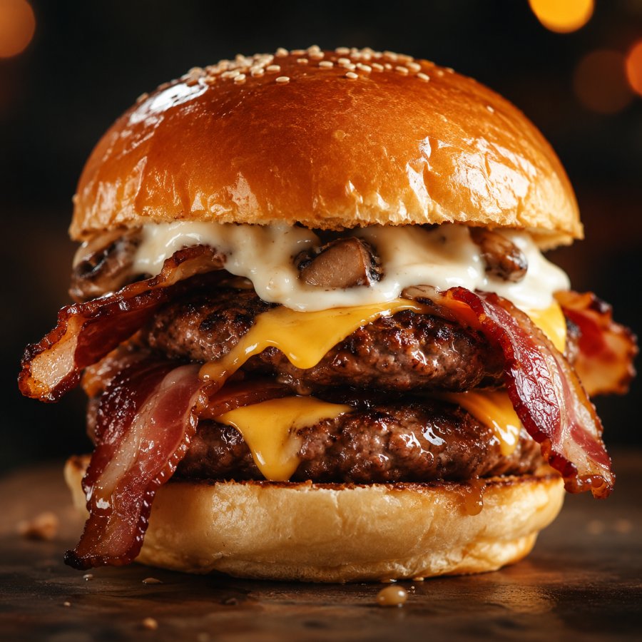 Hambúrguer duplo com bacon e queijo cheddar
