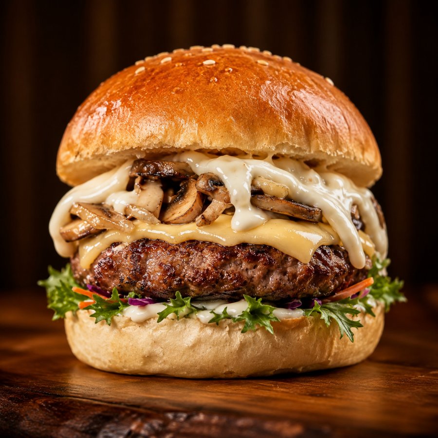 Big Burger com cogumelos e queijo
