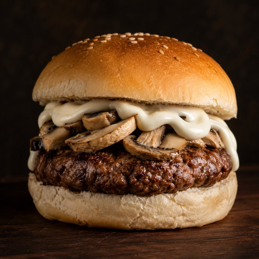 Mr. Burguer Simples com cogumelos e molho da casa