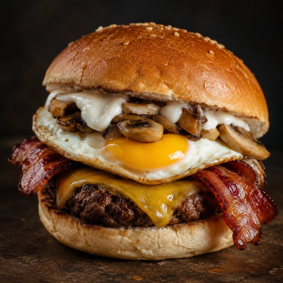 Hambúrguer com ovo estrelado, bacon e cogumelos