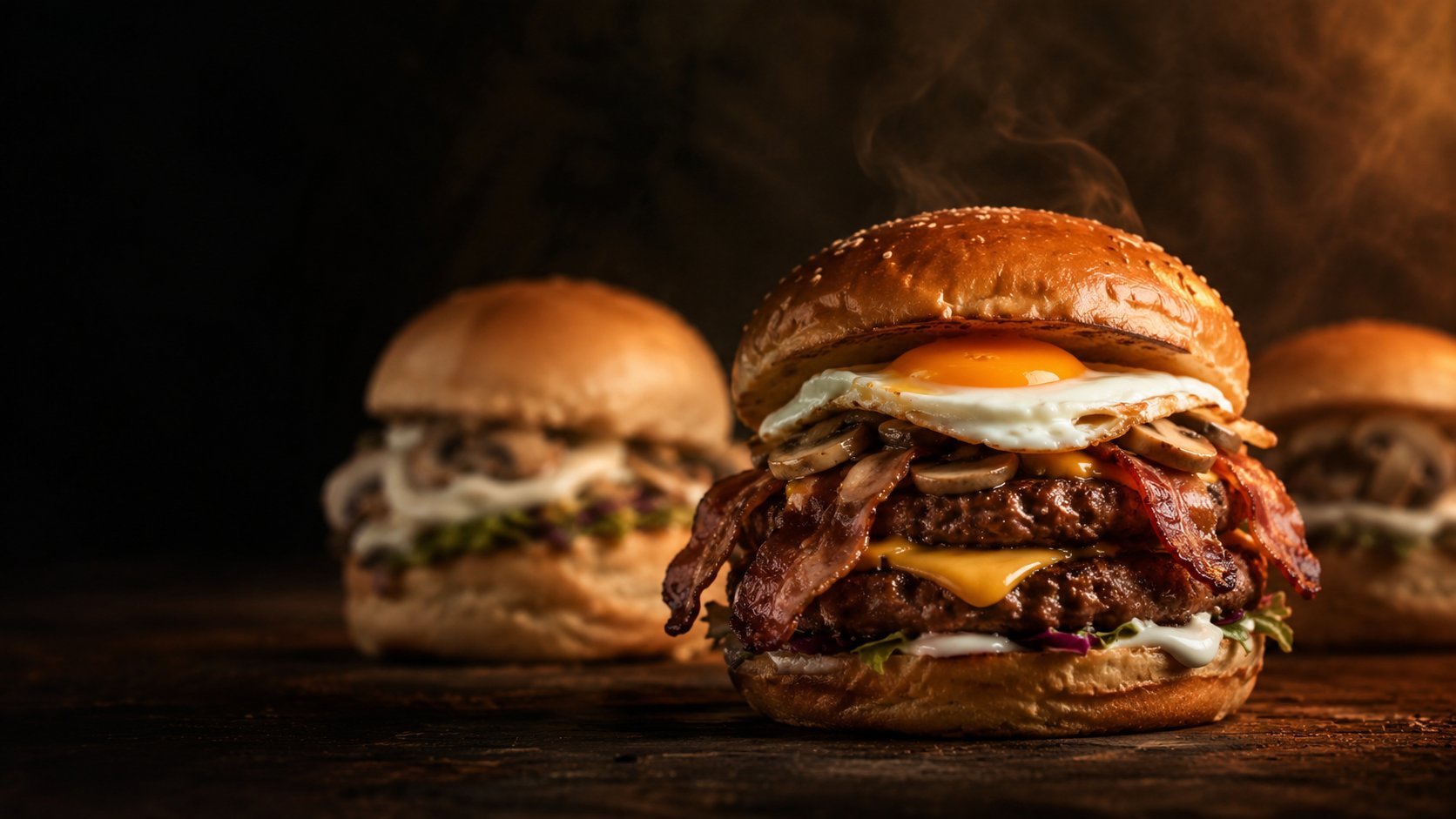 Hambúrgueres Mr. Burger acabados de sair da chapa, com fumo